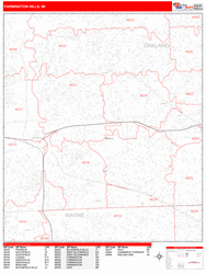 Farmington Hills Wall Map Zip Code Red Line Style 2024
